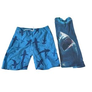 Mini Boden Blue Shark Swim Trunks & T-Shirt Set Size 9-10 Years